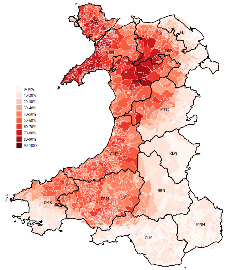 Percentage of Welsh Speakers in Historic Counties from 2011 Census